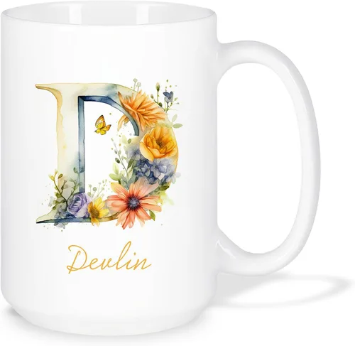 Vista 31 de Taza de café personalizada de la letra A del alfabeto, Taza de café blanca con nombre personalizado único, Taza inicial de monograma floral