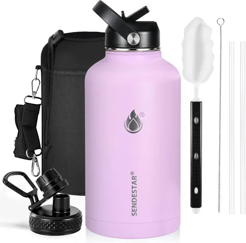 Vista 58 de SENDESTAR Botella de agua aislada de 24 onzas, boca ancha, botella de agua de 24 onzas con tapa con popote, tapa de boquilla, acero inoxidable