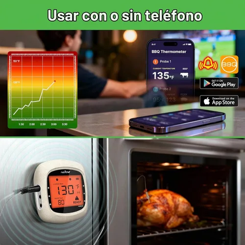 Vista 3 de NutriChef Termómetro de carne Bluetooth para asar y ahumar, hasta 6 sondas de temperatura y aplicación inteligente, rango de 400 pies, LCD Blanco: 2