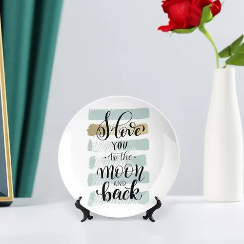Vista 6 de XISUNYA Plato decorativo de 6 pulgadas, plato de cena con texto en inglés "I Love You to the Moon and Back", accesorio de decoración de cerámica