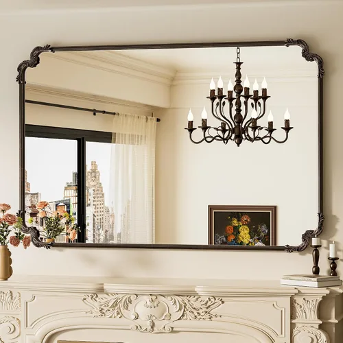 Vista 16 de Espejo rectangular negro barroco vintage para pared, 22 x 30 pulgadas, marco de desplazamiento antiguo, espejo de manto francés para chimenea, baño