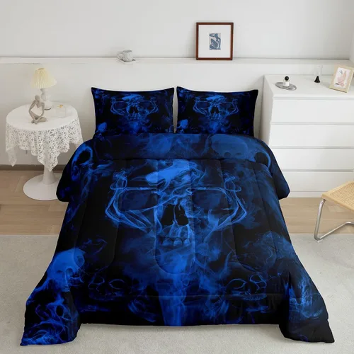 Vista 22 de Erosebridal Juego de edredón de calavera de Halloween, tamaño individual, juego de ropa de cama de calavera gótica para niños, adolescentes
