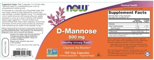 Vista 2 de NOW Foods Suplementos, D-manosa 500 mg, proyecto verificado sin OMG, tracto urinario saludable*, 120 cápsulas vegetales (paquete de 3)