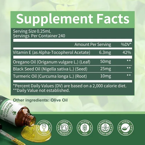 Vista 4 de Aceite de orégano con aceite de semilla negra, gotas de aceite de orégano 4 en 1 con aceite de cúrcuma y vitamina E, 80% Carvacrol, inmune