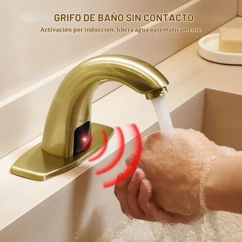 Vista 2 de Charmingwater Grifo de lavabo de baño sin contacto, grifo con sensor automático de movimiento con placa de cubierta de agujero, oro cepillado