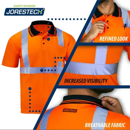 Vista 2 de JORESTECH Polo de alta visibilidad, ANSI clase 2, ropa de trabajo de seguridad, tela Birdseye con cinta reflectante