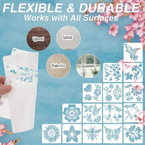 Vista 3 de Plantillas de 16 piezas para pintar girasol, mariposa, plantilla floral para primavera y verano, plantillas grandes reutilizables de pintura