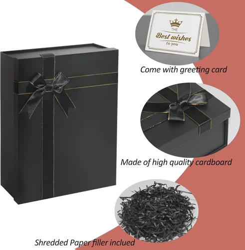 Vista 3 de Eerbaier Caja de regalo grande con tapa de 13 x 9.9 x 5 pulgadas, caja de regalo negra con fila de cinta, tarjeta y relleno de papel triturado, caja