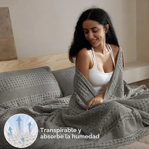 Vista 3 de PHF Lightweight 100% Cotton Waffle Throw Blanket for Couch, Dark Grey 40 Gris Oscuro