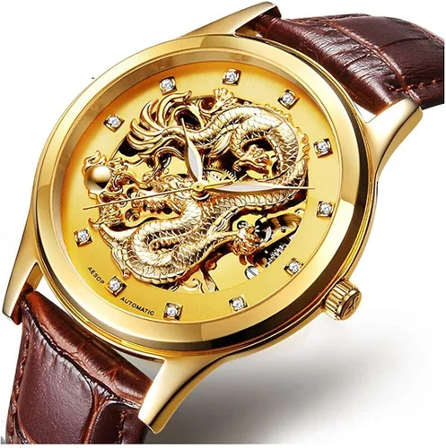 Vista 2 de Moda 3D Dragón Dorado Hueco Automático Reloj para los Hombres Impermeable Diamantes Hora Marcadores Reloj de Pulsera