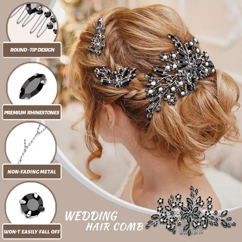 Vista 2 de Accesorios para el cabello de la boda, pieza nupcial, tocado para la novia, peine de novia (Negro)