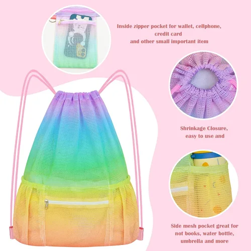 Vista 4 de Mochila de malla con cordón, bolsa de gimnasio deportiva grande para mujeres y niños con bolsillo y cremallera para playa, yoga, fútbol, fútbol, Con
