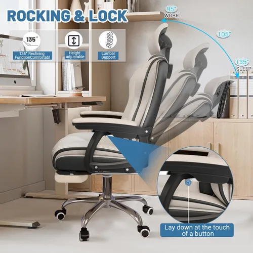 Vista 6 de Silla ejecutiva para computadora, silla de escritorio para oficina en casa, ángulo ajustable, ergonómica, de altura ajustable, sillas de piel Blanco