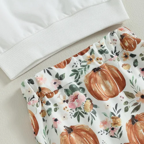 Vista 4 de Deportes Trajes Niña Letra Impreso Pequeña Calabaza Manga Larga Suéter Pantalones Banda Para El Pelo Conjunto De Tres Piezas Para