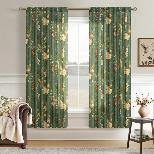 Vista 58 de Cortinas de lino de pájaro floral azul 2 paneles de 72 pulgadas de largo Aqua Blue