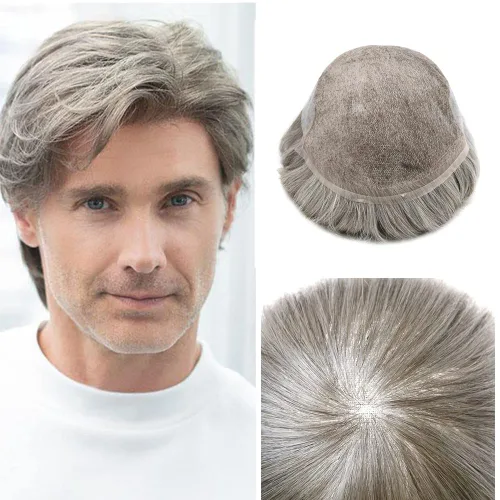 Vista 18 de Toupee para hombres sistemas de reemplazo de piel sintética con encaje suizo para hombre, nudos blanqueados, línea capilar natural para hombres