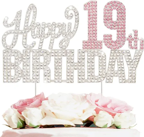 Vista 16 de Decoración de pastel de diamantes de imitación rosa y plateado con texto en inglés "Cheers to 11 Years Old Eleven Bday" de metal brillante