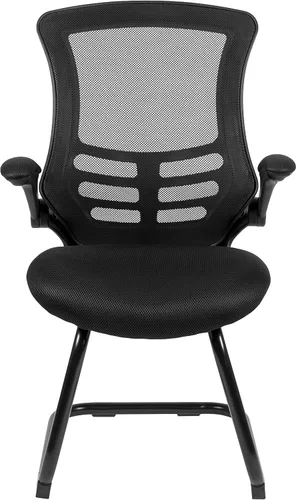 Vista 5 de BizChair Silla de recepción lateral con base de trineo de malla negra con brazos abatibles-sala de espera de oficina