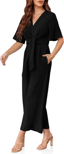 Vista 5 de GAMISOTE Enterizo de pierna ancha para mujer, manga corta, nudo frontal, overol largo de verano