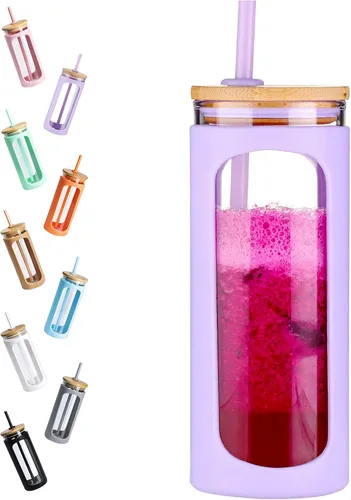 Vista 46 de Kodrine Vaso para agua de vidrio de 20 onzas con popote y tapa, botella de agua con tapas de bambú, taza para café helado, reutilizable, boca ancha