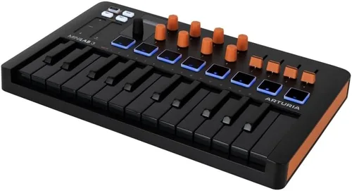 Vista 6 de Arturia MiniLab 3 - Teclado MIDI compacto y controlador de almohadilla Paquete naranja con cable MIDI de 6 pies + paño de limpieza de microfibra