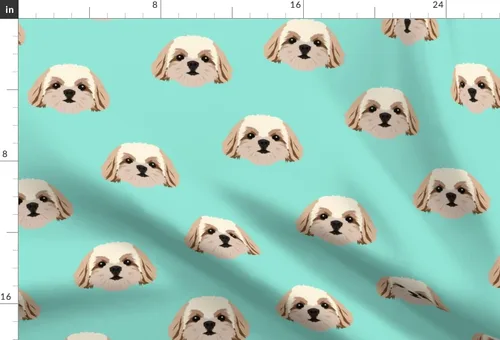 Vista 2 de Spoonflower Tela – Patrón de perros Shih Tzu verde azulado lindos animales Aqua Fun mascotas impresas en tela de gasa por The Yard – Coser ropa