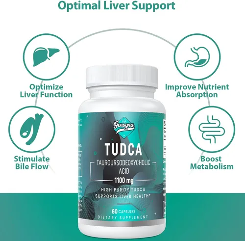Vista 6 de TUDCA Suplemento de apoyo hepático de 1100 mg para limpieza desintoxicante, sales biliares solubles en agua con fuerte sabor amargo, 60 cápsulas