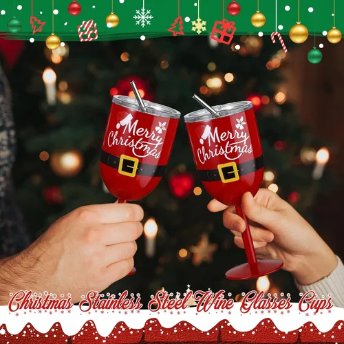 Vista 2 de Ziliny 4 copas de vino de Navidad de 10 onzas con tallo de acero inoxidable con tapas, cinturón de Papá Noel, copas irrompibles de doble pared