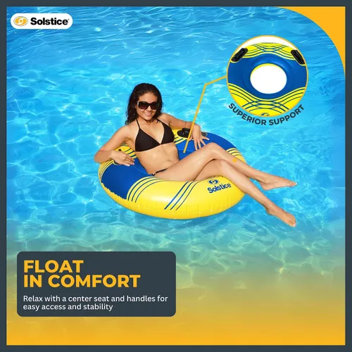 Vista 4 de Solstice Inflatable Tube Float – Heavy-Duty Material with Grab Handles for Pool, Lake & River – Compact with Mesh Base, Cupholders, & Rope – Cooler