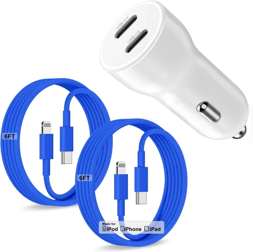Vista 17 de Cargador de coche para iPhone 17 16 15 de carga rápida, cargador de coche USB C de doble puerto de 40 W con 2 cables USB C de 3 pies, adaptador