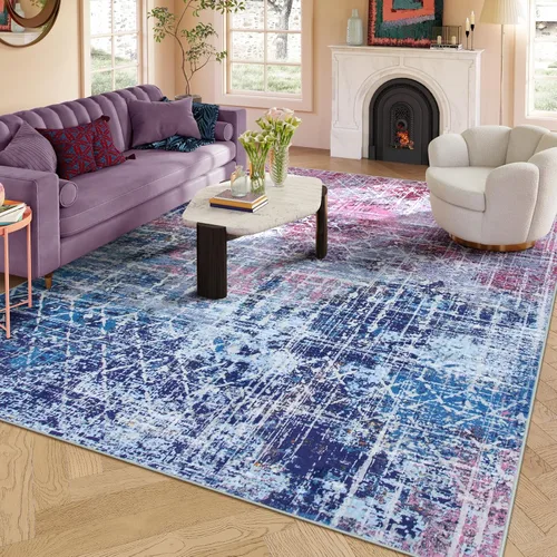 Vista 10 de Zealude Alfombra abstracta lavable para sala de estar, de 5 x 7 pies, color verde azulado y naranja, alfombra bohemia antideslizante, moderna