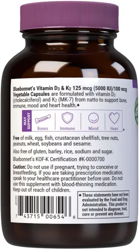 Vista 7 de Bluebonnet Nutrition Vitamina D3 y K2, sin soja, para huesos fuertes y saludables*, sin gluten, sin OMG, sin lácteos, certificado Kosher