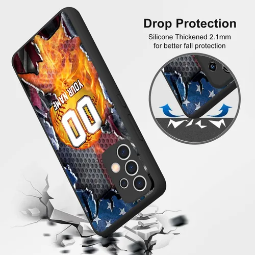 Vista 5 de Personalized Baseball Softball vs Name Number US Flag Decor Rubber Cover Phone Case for Galaxy America Fire
