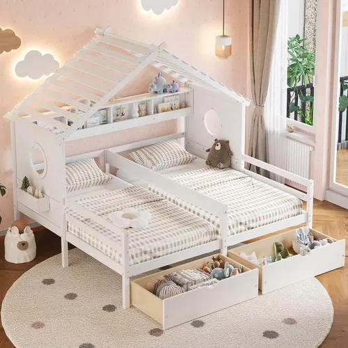 Vista 11 de Cama de plataforma de casa tamaño individual con estantería y cajones de Natural