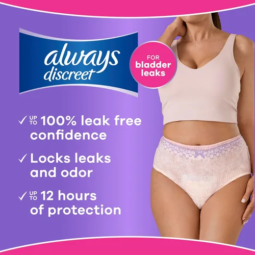 Vista 4 de Always Discreet Ropa interior para incontinencia adulta para mujeres y ropa interior posparto, pequeña/mediana, hasta 100% protección contra fugas