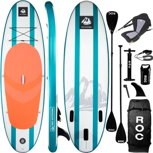 Vista 7 de Roc Tabla de remo inflable con accesorios y mochila de alta calidad, cubierta antideslizante, bolsa impermeable, correa, remo y bomba de mano.