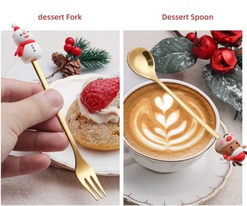 Vista 4 de Cuchara de Navidad de acero inoxidable para árbol de Navidad, cuchara de té para el hogar, cuchara de café de Navidad, tenedores de cena, cuchara