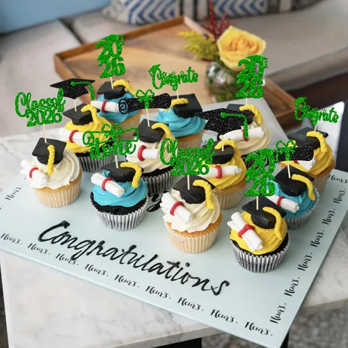 Vista 7 de Paquete de 24 adornos para cupcakes de clase 2026 con purpurina 2026 Felicidades Graduación Diploma Done Cupcake Picks 2026 Graduación Temática