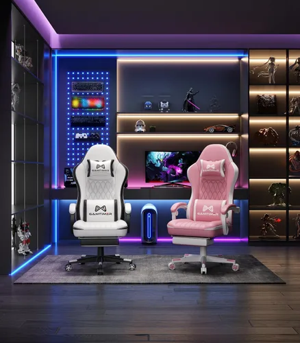 Vista 2 de Gamtimer Silla Gaming con Reposapiés, Silla Ergonómica para Computadora, Material Transpirable de PU con Reposacabezas y Soporte Lumbar, Adecuada