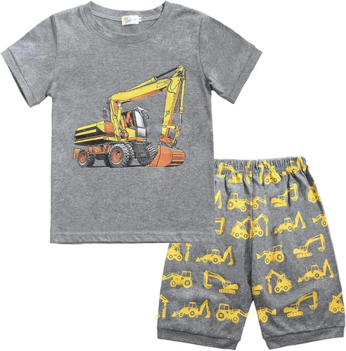 Vista 2 de Little Hand Pijamas de dinosaurio para niños pequeños, pijamas de verano con diseño de camión y excavadora, conjuntos cortos de 2 a 7 años