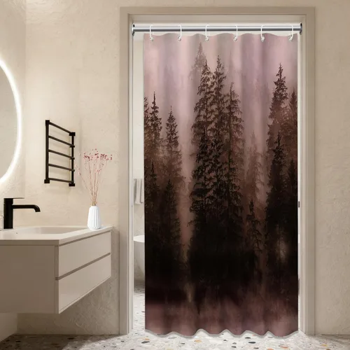 Vista 23 de Cortina de ducha estrecha para hombre, diseño de bosque negro y gris, para casa rodante, juego de decoración de baño, tela impermeable con ganchos