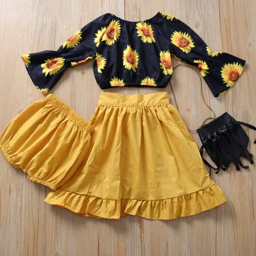 Vista 2 de HIUARA Ropa para niñas pequeñas, moda de manga media, tirantes, parte superior, pantalones cortos de vaquero, falda corta, traje de verano, conjuntos