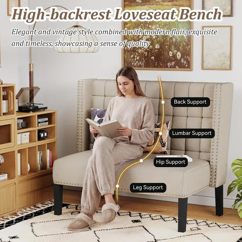 Vista 6 de Andeworld Sofá Loveseat Settee Banco Sofá Moderno, Banco Banqueta Tapizado con Respaldo para Comedor, Sala de Estar, Pasillo o Entrada, Putty