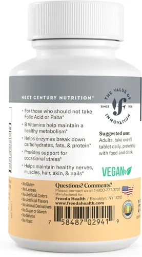 Vista 7 de Freeda Complejo de vitamina B, sin fólico, sin PABA, suplemento vitamínico kosher complejo súper B con vitamina B1, vitamina B2, vitamina B3