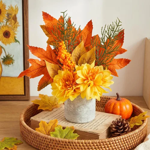 Vista 3 de COCOBOO Flores artificiales de otoño, dalia de otoño, flores falsas con arce rojo para cosecha de Acción de Gracias, decoración del baño del hogar