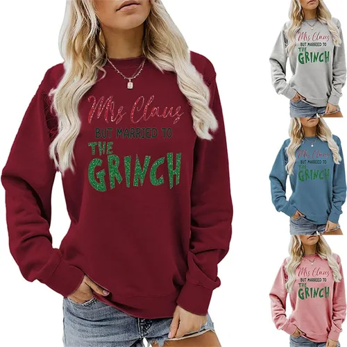 Vista 3 de Sudadera de manga larga con texto en inglés "Mrs. Claus But Married to The Grinch para mujer