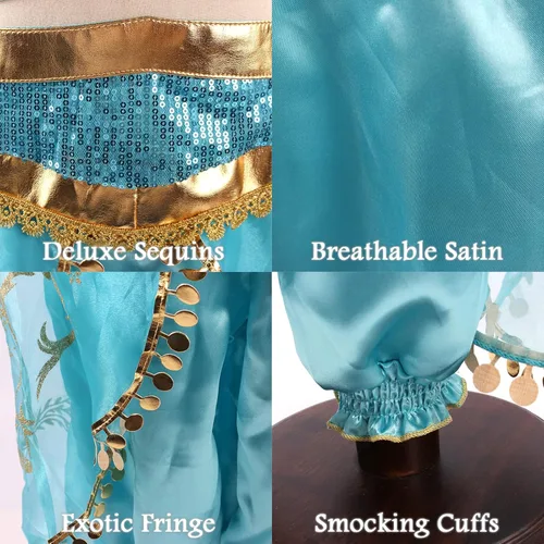 Vista 5 de TPMG Princess Jasmine Costume for Girls 3T-12Y, Dress Up Clothes Kids Halloween Play Dress with Wig Headband Party Outfits