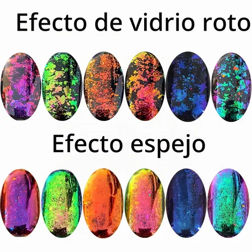 Vista 2 de Juego de copos de uñas de camaleón con purpurina iridiscente, polvo cromado, efecto sirena, 6 frascos (camaleón oscuro)