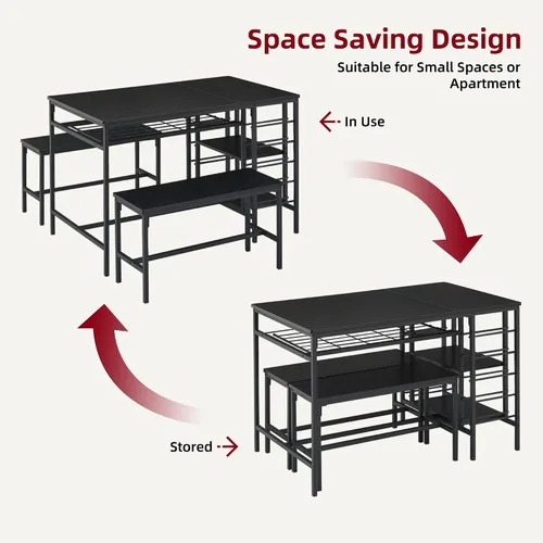 Vista 6 de IDEALHOUSE Juego de mesa de comedor para 4, juego de mesa de cocina para 4 con 2 bancos, juego de mesa de comedor rectangular con estante para Negro