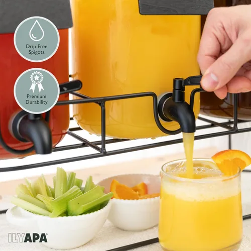 Vista 5 de Ilyapa Dispensador de bebidas de vidrio para fiestas - paquete de 3, dispensador triple de bebidas múltiples de 1 galón con soporte, tapas de madera